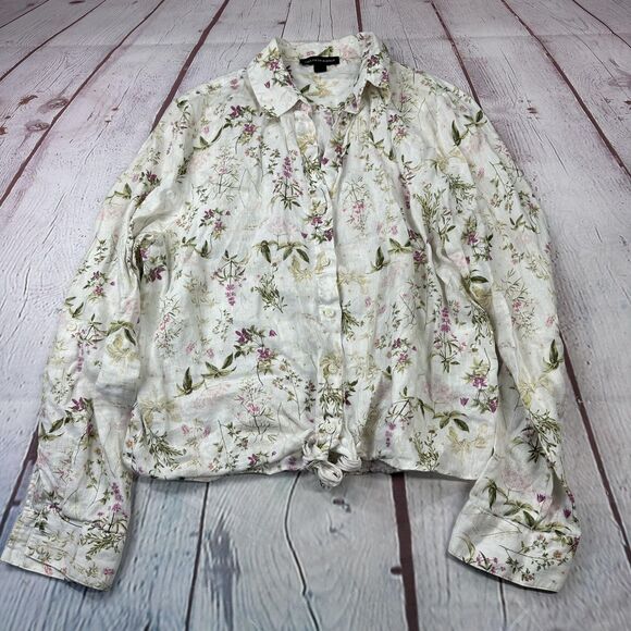 Saks Fifth Avenue Shirt Womens Medium White Floral Linen Button Front Blouse - Picture 2 of 9